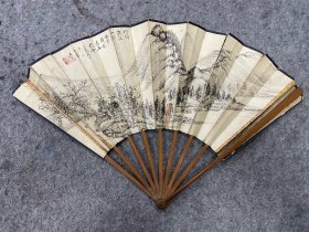 民国原装，和尚头九单合青成扇，书画作者自查，绍兴人，字学赵之谦，总长32.3cm