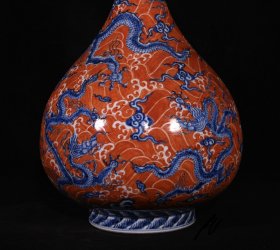 明宣德矾红青花海水五龙纹玉壶春瓶，高27.3×19厘米