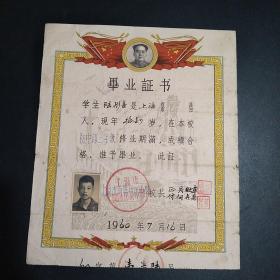 上海市向阳中学1960年初中毕业证书 有毛像有学生照片