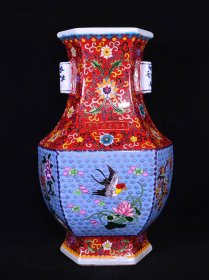 大明宣德年制珐琅彩掐丝花鸟纹六方贯耳瓶，高47×28厘米