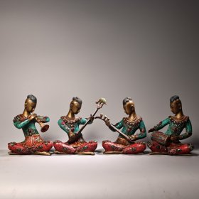 珍藏珍品旧藏西藏收纯铜西藏工艺镶嵌宝石彩绘描金乐佣一套 工艺精湛 款式精美 一个约重1500克 高17厘米 宽12厘米