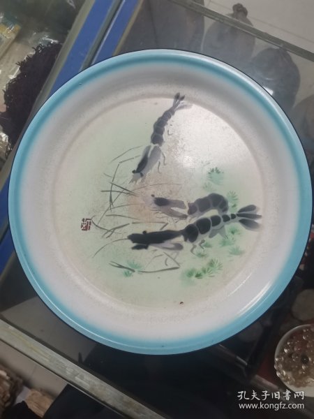 少见水墨虾搪瓷盘
