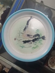 少见水墨虾搪瓷盘