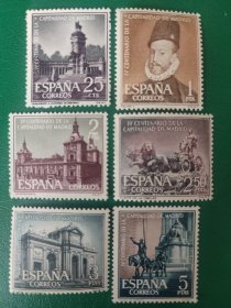 西班牙邮票 1961年马德里成为西班牙首都400周年-雷帝罗公园里的阿方索十二世纪念碑 国王菲利普二世 马德里市政厅 自然女神尼贝莱喷泉 阿尔卡啦门 西班牙广场的塞万提斯纪念碑 6全新 有背贴