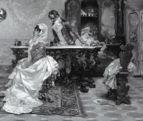 1894年照相凹版版画《鞋匠铺》（V CAPOBIANCHI，Im Schuhladen）-- 出自意大利画家，Vincente Capobianchi（1836-1928）的油画作品 -- 德国GALERIE ADOLF VON LIEBERMANN出版-- 版画纸张37*27厘米