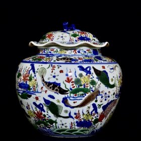 明嘉靖青花五彩鱼藻纹荷叶罐 35/32厘米