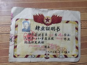 1963年肄业证明书（辽宁义县）少见