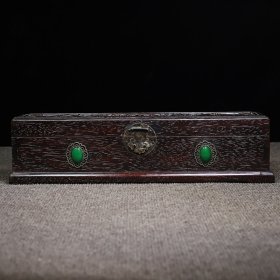 旧藏红檀木镶多宝双龙戏珠图收纳盒画盒