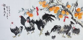 诸事大吉，百事大吉，公鸡，母鸡，小鸡，写意画法，真人真迹，纯手绘，假一赔万，山东省潍坊市美协王洪波老师原创画作，老师柿子和大公鸡的刻画是一绝，线条的美感恰到好处，实际画的比照片拍出来要漂亮的多。1.38米×70公分的，四尺整张的，家里，卧室，客厅，进门口都可悬挂。