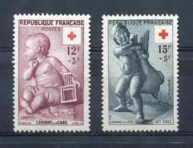 法国1955年 红十字附捐邮票 波厄多斯抱鹅的少年 等 2全新 雕刻版