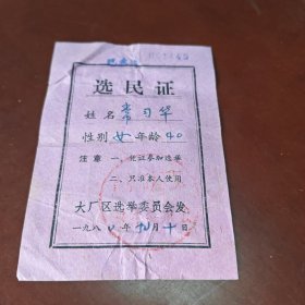 选民证（原南京市大厂区）