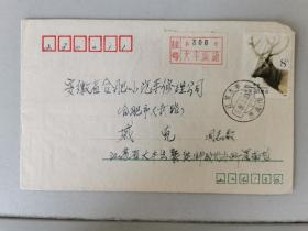 1989年，江苏大丰麋鹿（代办所）日戳的麋鹿8分票自然挂号封（210624）