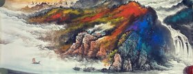 山水画，泼彩山水，锦绣山河，写意画法，山石皴法点染，真人真迹纯手绘作品，假一赔万，终身保真，支持第三方鉴定，黑龙江省美协会员方成老师的原创大作，实际画的比照片拍出来要漂亮的多，笔法苍劲有力，浓淡干湿焦，行云流水，特别是泼彩颜色画的非常细，特别能看出层次感，构图非常漂亮，很有意境。尺寸1.8米×70公分，小六尺整张，家里客厅，卧室，书房，茶室，办公室，大厅都可悬挂，非常合适，非常大气。