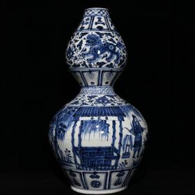 元青花百花亭人物故事纹葫芦瓶，高47cm直径25.5cm