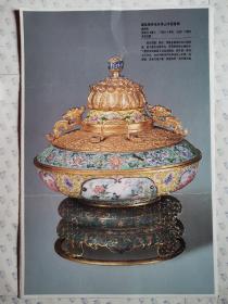 挂历单页小画:画珐琅开光花鸟山水画盖碗、掐丝珐琅缠枝莲纹龙耳瓶、掐丝珐琅缠枝莲纹双耳樽、镀金画法珐琅牡丹执壶、掐丝珐琅缠枝莲纹耳薰炉5张(26X39CM)A109