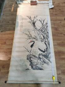 民国原装裱五尺整张常州名家丁墉《梅石仙鹤》品好。