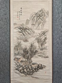 古筆山水图，茶挂，三岳老樵筆，大尺寸，清代