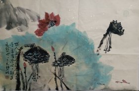 书画名家笔墨真迹，著名禅意书画家贾双林花鸟作品:莲花图