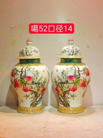 乾隆年制粉彩手绘九桃将军罐一对，器型端正，画工形象逼真，色彩纯正，老化明显，品相如图
