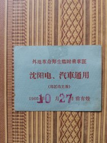 1966外地革命师生临时乘车证（沈阳电、汽车通用）背面带语录