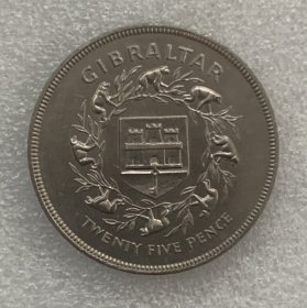 直布罗陀1977年女王登基25周年25便士克朗型纪念币 未流通