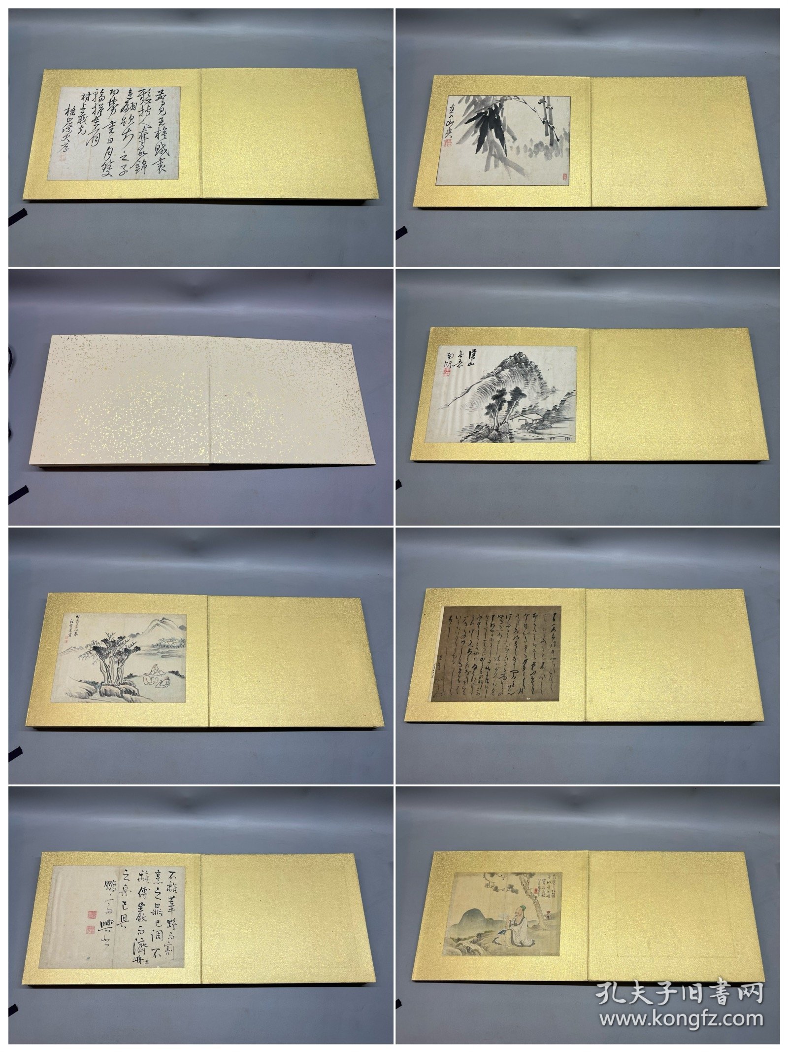 【深草元政，田能村直入，龟田鹏斋，泷和亭，大沼枕山，秦藏六，春木南湖，冈田半江，加藤千浪等，老册页一本】 名称:字画【古筆画帖12图】老作品， 作者：自查 材质:纸本绫裱册页，木盒 规格:18*25左右不一（画心尺寸cm） 28*35(册页尺寸cm) 品相:如图 老旧，黄斑，褶皱，破损缺肉，虫蛀等