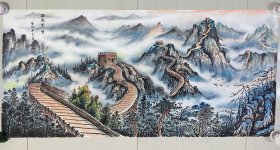 山水画，雄风万里，很有意境，小写意画法，皴法点染，王宝军老师云雾刻画的非常漂亮，老师本人亲笔纯手绘作品，假一赔万，正面一幅画，背面一幅画，都是本人精心收藏的，支持三方鉴定，内蒙古省美协王宝军老师的原创大作，实际画的比照片拍出来要漂亮的多，笔法苍劲有力，浓淡干湿焦，行云流水。1.5米×70的，大四尺的，家里客厅，沙发背景墙，书房都可悬挂。