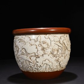 旧藏 清光绪王炳荣雕刻莲池鸳鸯纹卷缸 20*25厘米