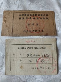 1959年全国地层会议山西现场会议列席证+1978年学大庆会议出席证