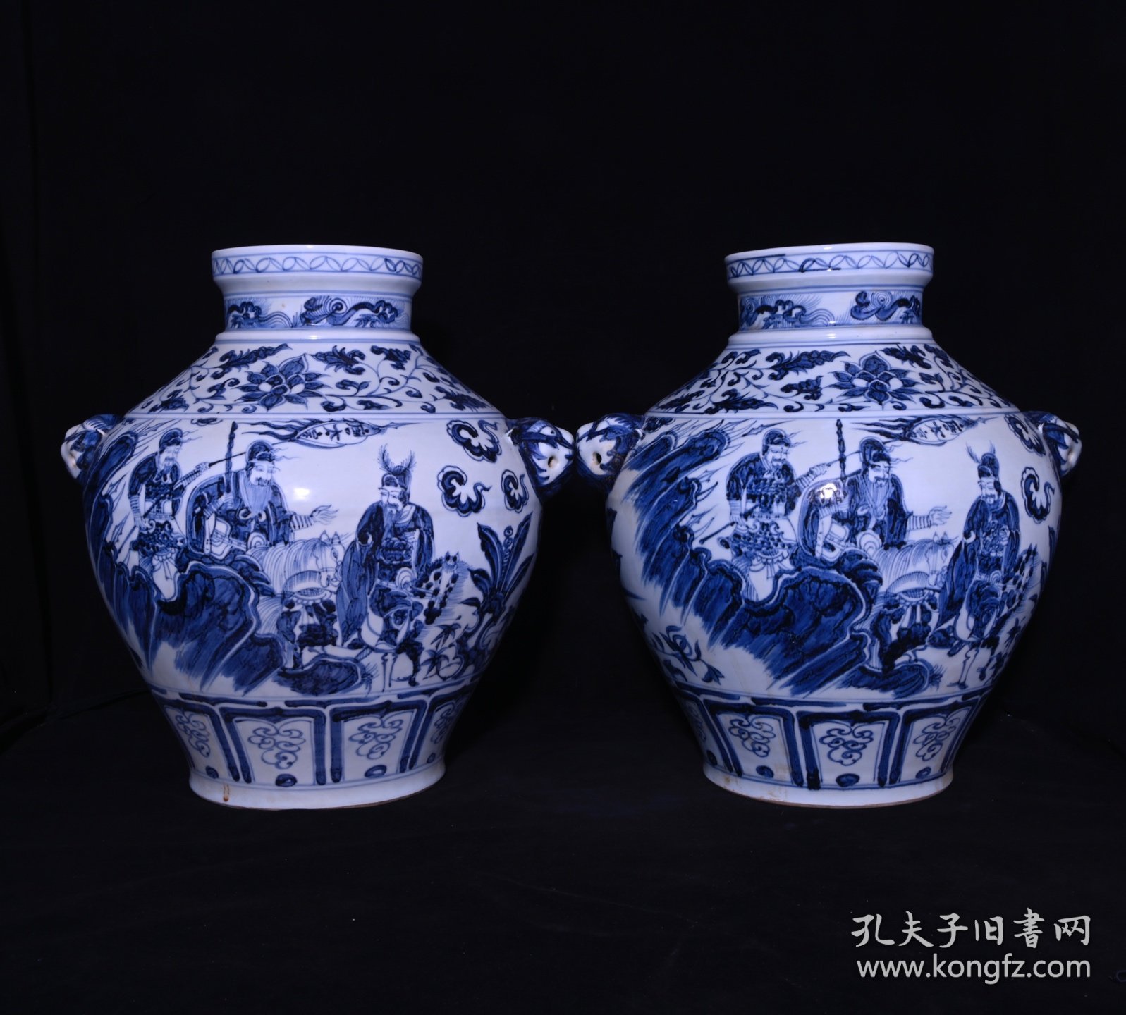 旧藏 元代青花唐太宗人物故事纹狗头罐一对 高39x38厘米