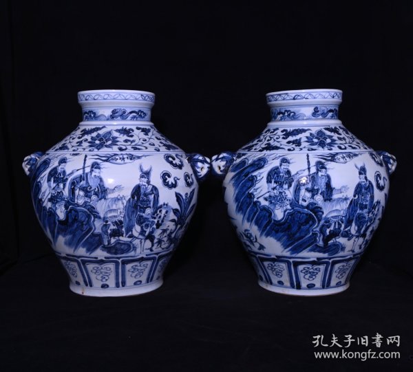 旧藏 元代青花唐太宗人物故事纹狗头罐一对 高39x38厘米