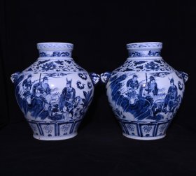 旧藏 元代青花唐太宗人物故事纹狗头罐一对 高39x38厘米