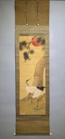 日本名家绘画：狩野梅斋《旭日松鹤图》（保真、附原箱）