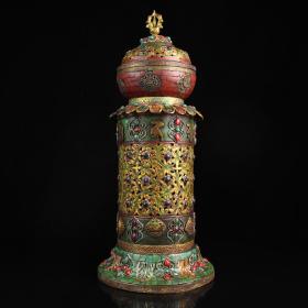 旧藏西藏收纯铜镶嵌宝石彩绘描金花丝吉祥八宝带香桶熏香炉