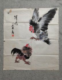 旧国画软片 斗鸡 原稿手绘真迹 画心软片尺寸68*60厘米