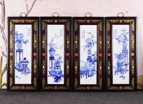 青花大王王步作品赏析！ 红木漆器框镶青花花鸟瓷板画「博古图」挂屏一组！ 尺寸高92宽40×4