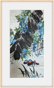 北京著名画家柳宏林,芭蕉鸳鸯图 8平尺画心未裱 保真，商品无框