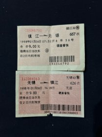 火车票 镇江-无锡 无锡-镇江 1998年