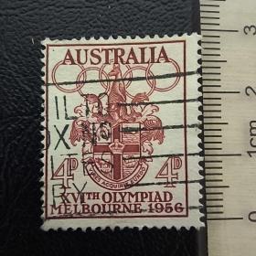 Aus05外国邮票澳大利亚1956年 墨尔本奥运会 图案:墨尔本市徽，奥林匹克五环 雕刻版 4-1 信销 1枚 邮戳随机