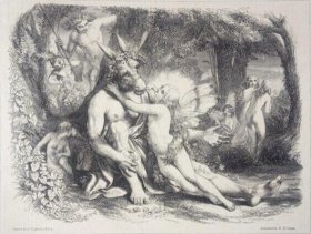 约瑟夫·诺尔·佩顿爵士《仙后提泰妮娅服侍驴头人》（Titania），选自莎士比亚《仲夏夜之梦》第四幕第一场，木刻版画，约19世纪中期，版画尺寸19.5×15厘米，卡纸尺寸30×22.5厘米