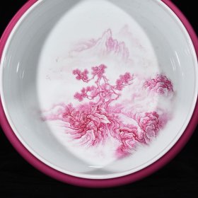 清雍正粉彩胭脂红山水纹洗， 高7厘米 直径24厘米.