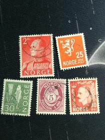 外国邮票  挪威  早期邮票 5枚