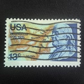 USA405美国1976年 美国独立200年 100美元上的人 富兰克林 地图 “风筝实验” 发明避雷针 起草《独立宣言》等 名人人物 雕刻版外国邮票 信销 1全 邮戳随机