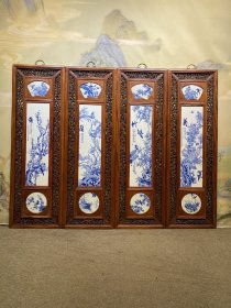 王步作品红木镶瓷板画青花花鸟梅兰竹菊三节开窗四条挂屏
