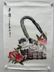 璞石画小猫“多寿图”