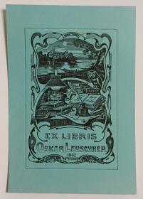 1902年欧洲艺术家创作《Oskar Leuschner 摊开的书桌•猫头鹰•窗外的风景》精美藏书票1张
