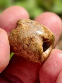 红山文化玉珠，带沁皮壳，孔道圆润。