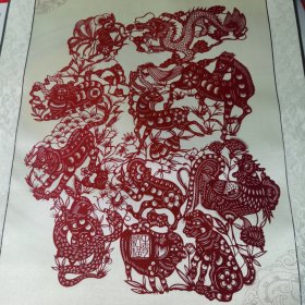 精美绝伦：中国剪纸艺术12生肖福（裱于绸缎）
