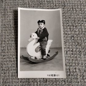 70年代黑白照片 坐木鸟的孩童