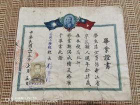 1936年上海震亚小学毕业证书（中华民国三十五年校长任亚澄签发）